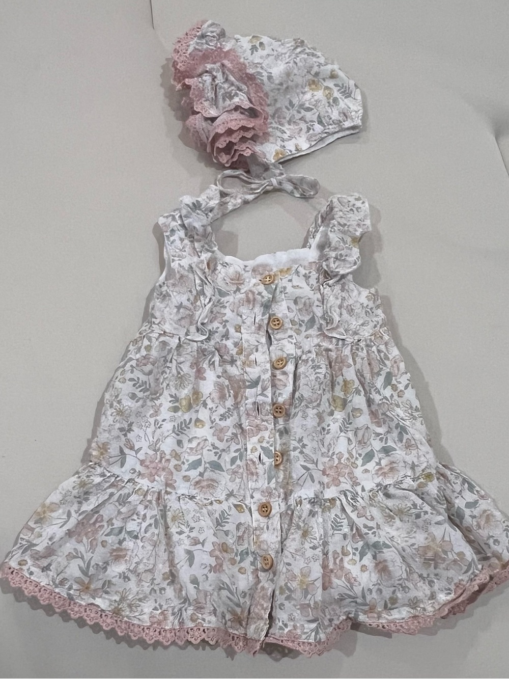 Shabby Chic Baby Girl Floral Dress & Bonnet Set 3-6M Cottagecore Lace
